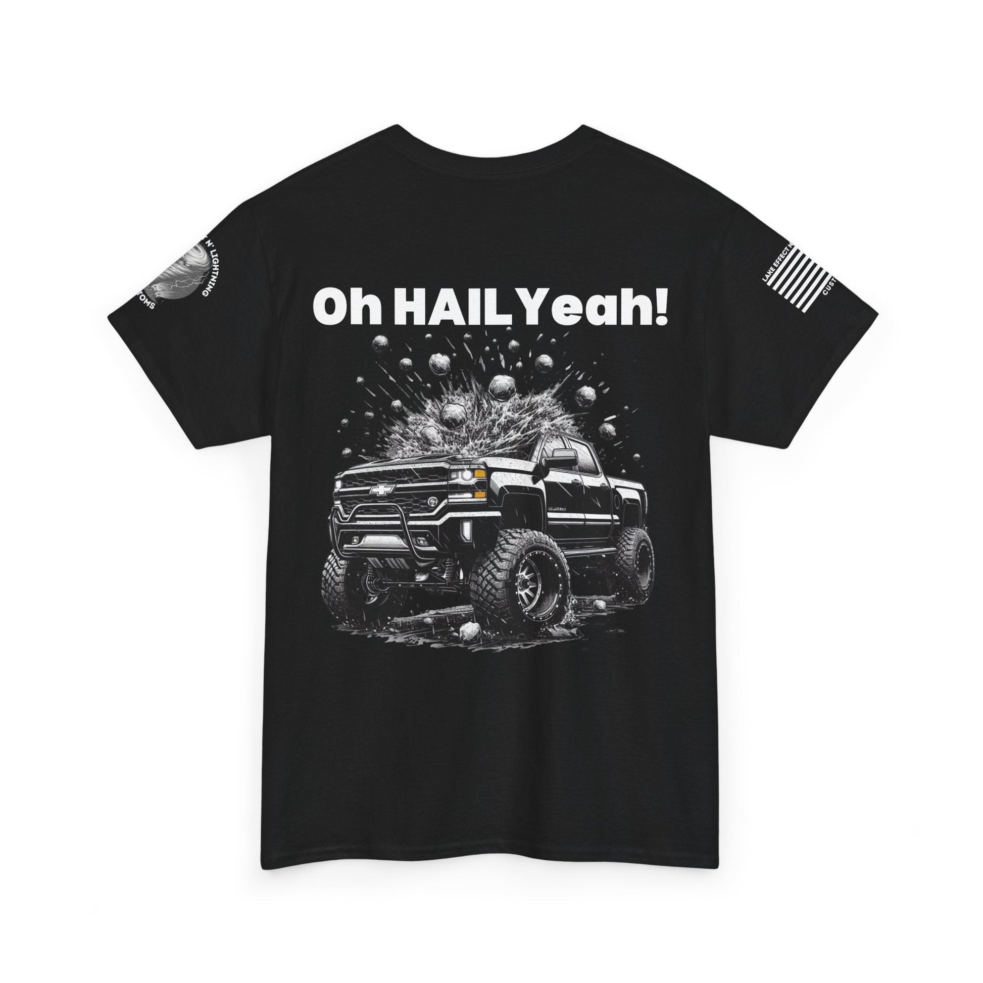 Funny Storm Chaser T-Shirt with "Oh Hail Yeah" design featuring a Chevy Silverado.