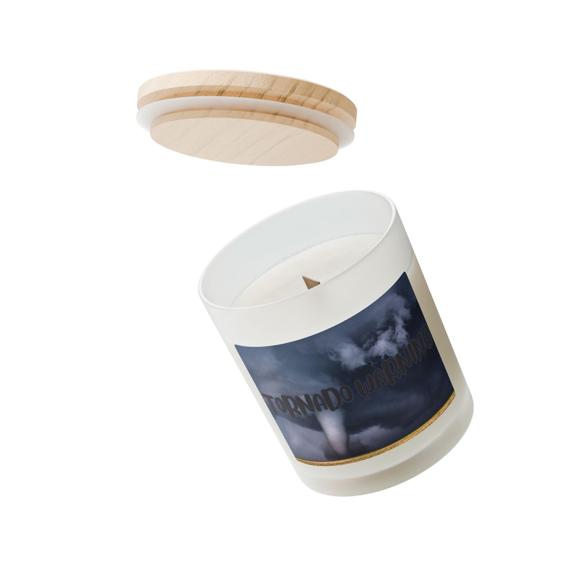 Frosted Glass Candle with Tornado Warning design and wooden lid.