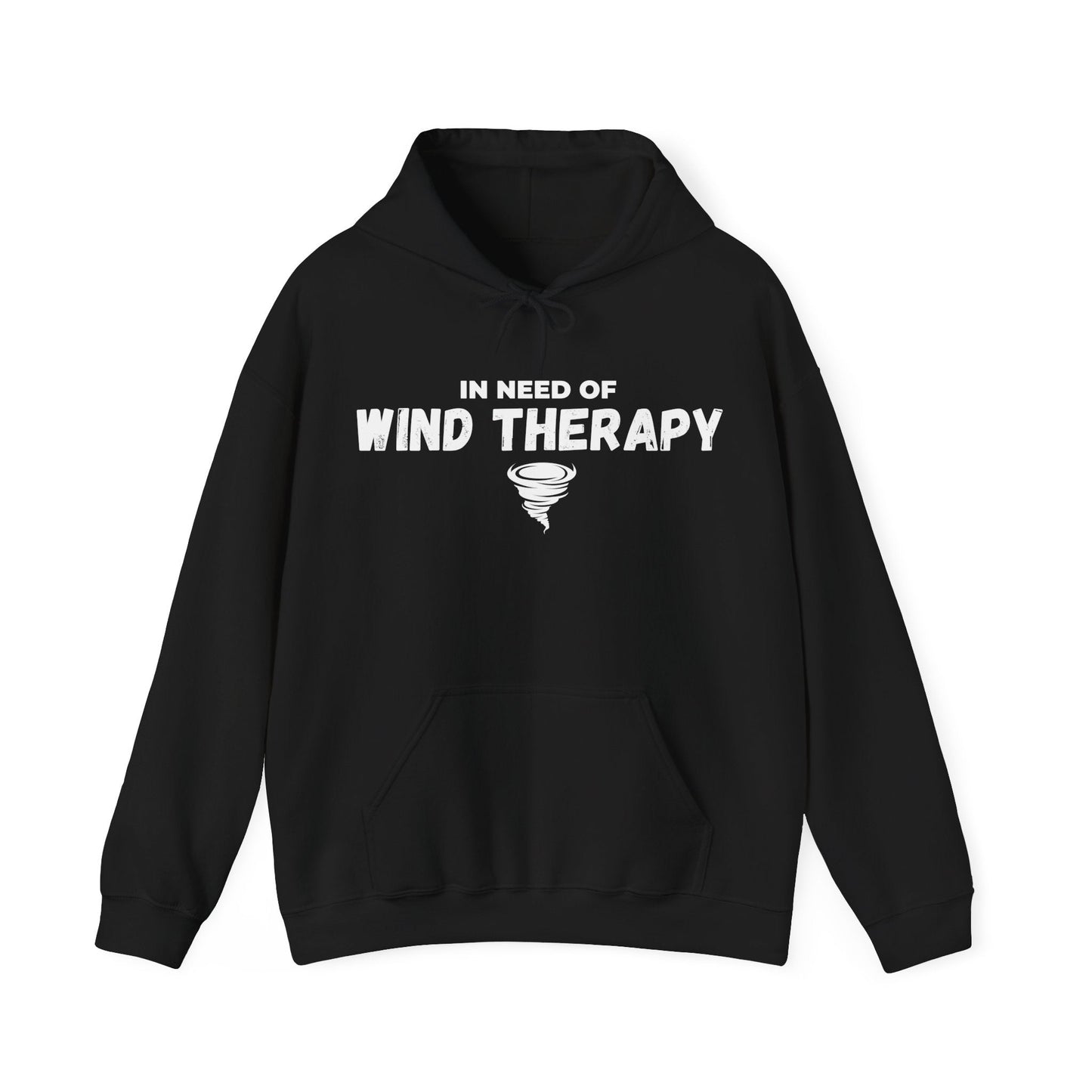 Storm Chaser Hooded Sweatshirt with "In Need of Wind Therapy" quote and tornado design.