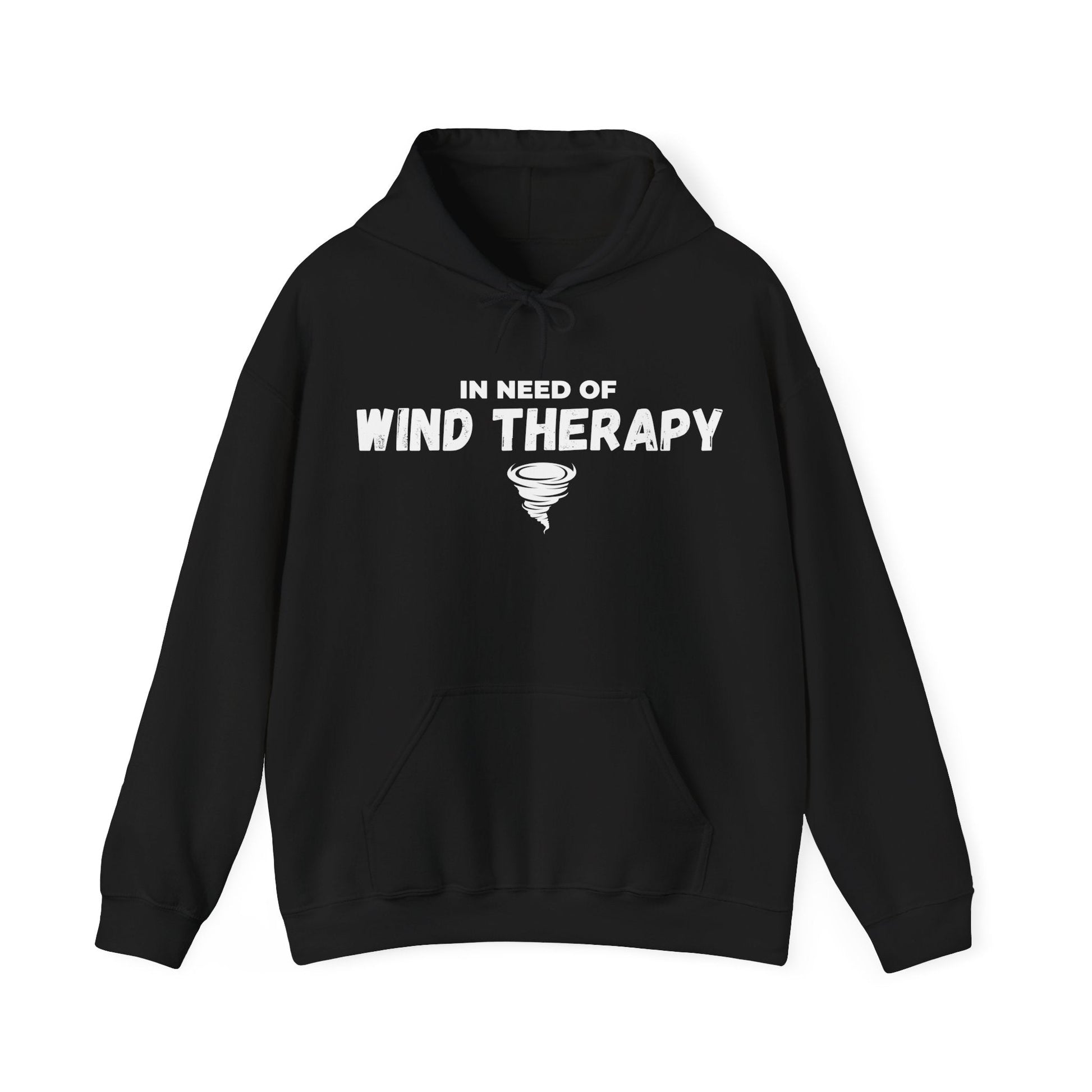 Storm Chaser Hooded Sweatshirt with "In Need of Wind Therapy" quote and tornado design.