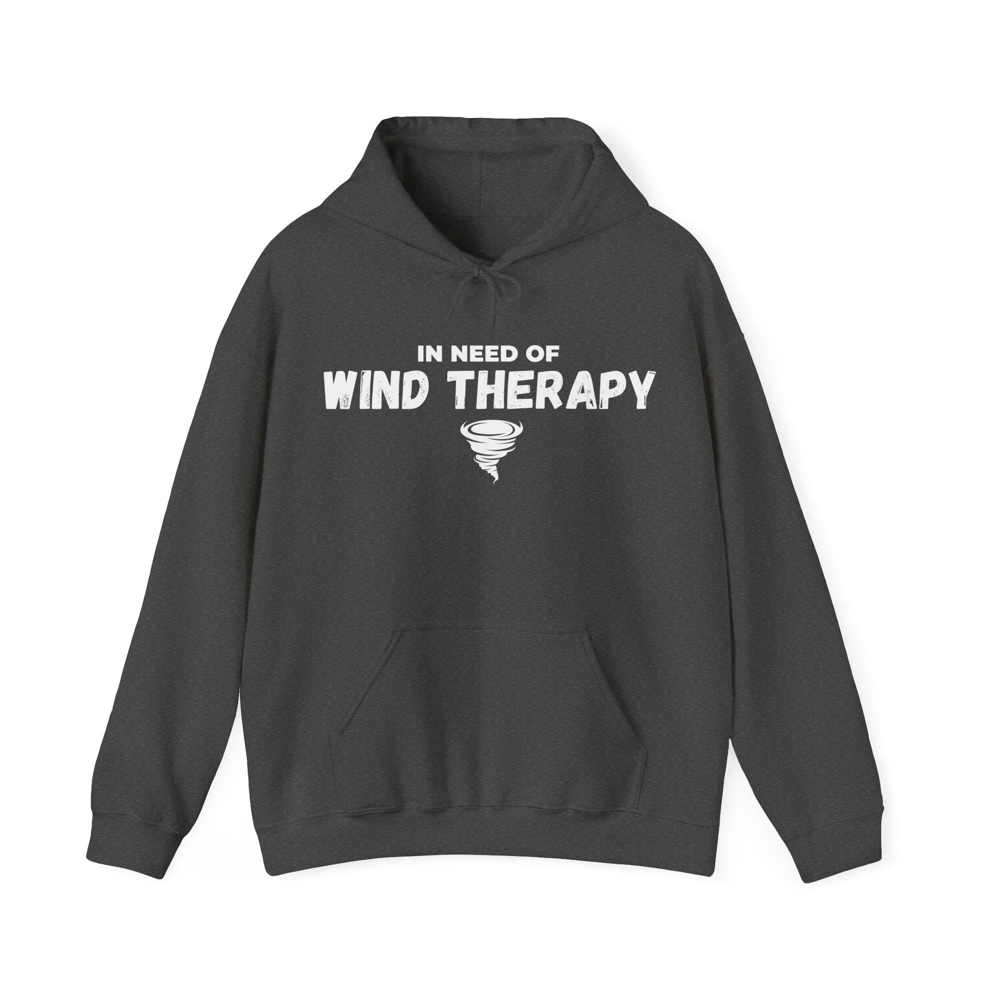 Storm Chaser Hooded Sweatshirt with "In Need of Wind Therapy" quote, ideal for weather enthusiasts.