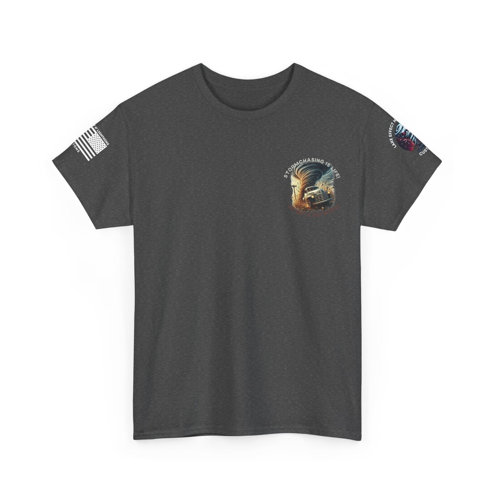 Stormchasing T-shirt with "Storm Chasing Is Life! The Rest Is Just Details" quote, ideal for weather enthusiasts.