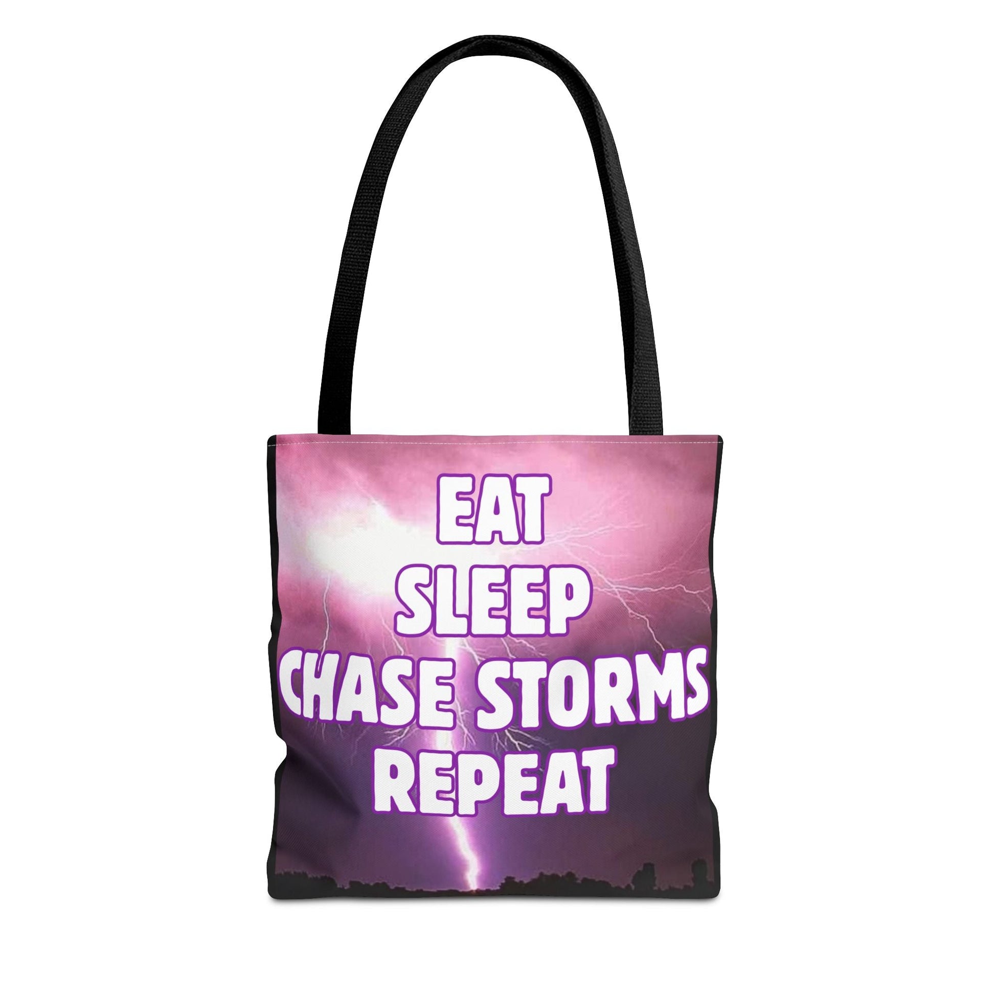 Storm Chaser Tote Bag with "Eat Sleep Chase Storms Repeat" design, durable polyester, reinforced handles. Ideal for outings and everyday use.