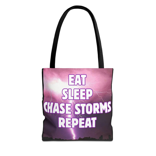 Storm Chaser Tote Bag with "Eat Sleep Chase Storms Repeat" design, durable polyester, reinforced handles. Ideal for outings and everyday use.