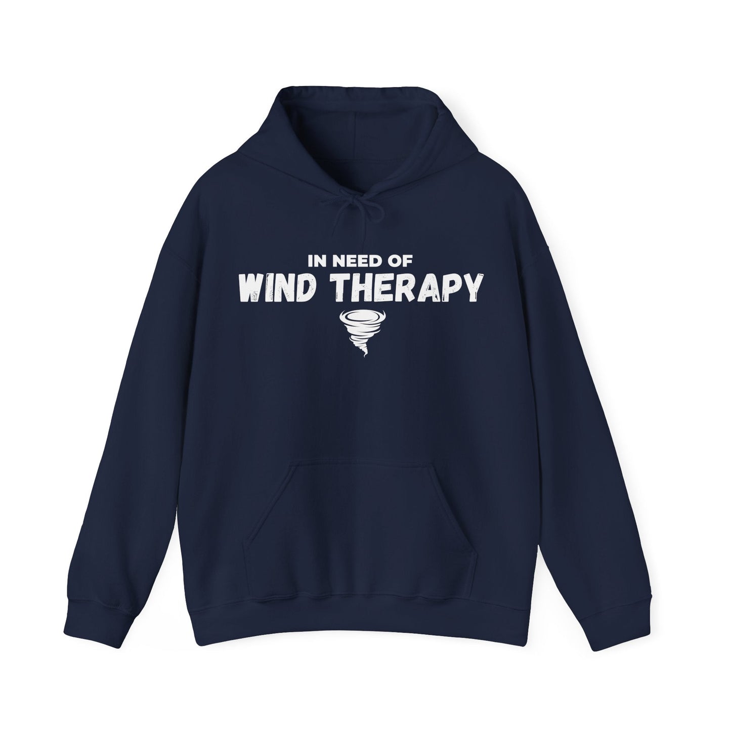 Storm Chaser Hooded Sweatshirt with "In Need of Wind Therapy" quote, ideal for weather enthusiasts.