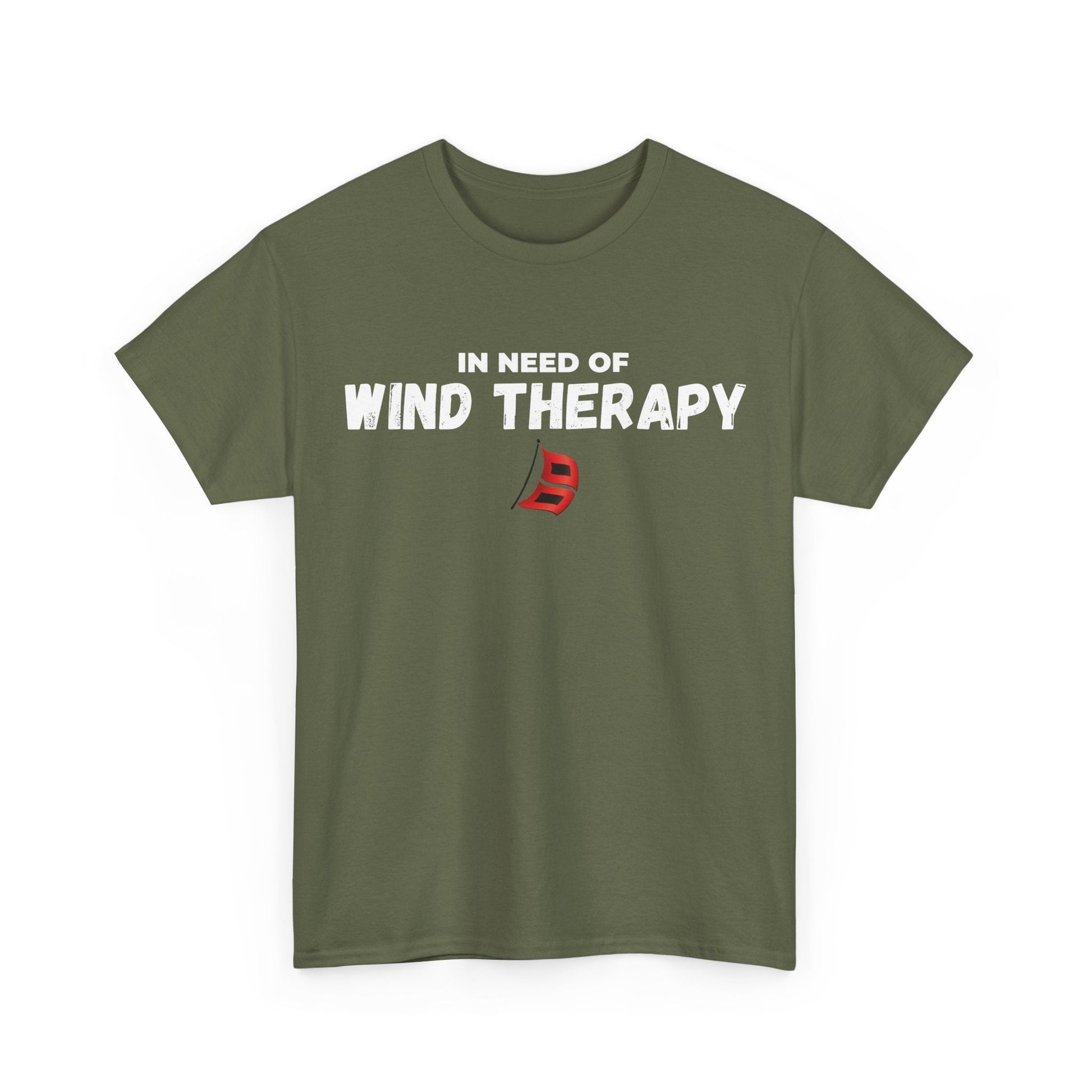 Storm Chaser Custom T-Shirt with "In Need of Wind Therapy" print on an olive green fabric.