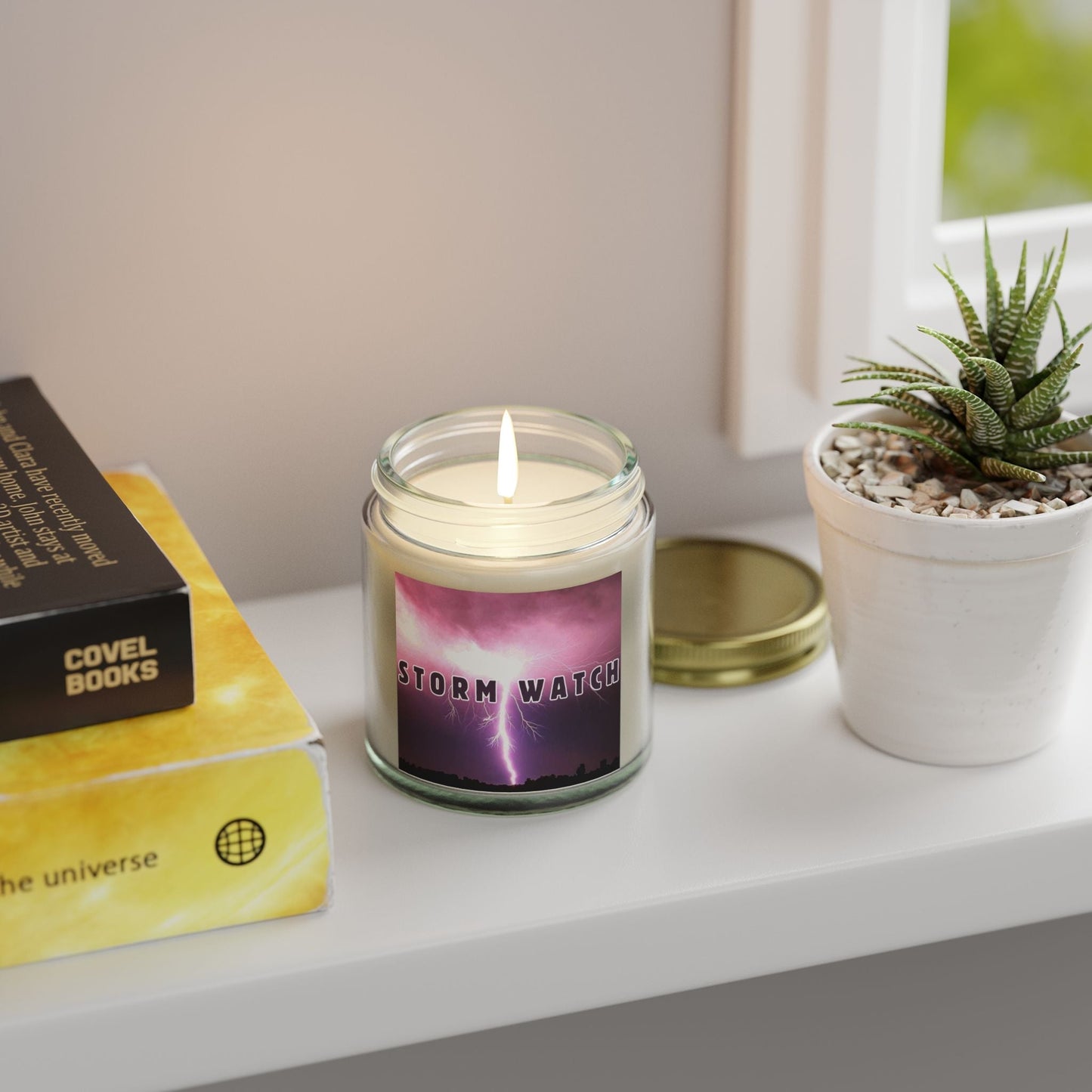 Storm Watch scented candle on shelf, cozy home décor, 4oz.