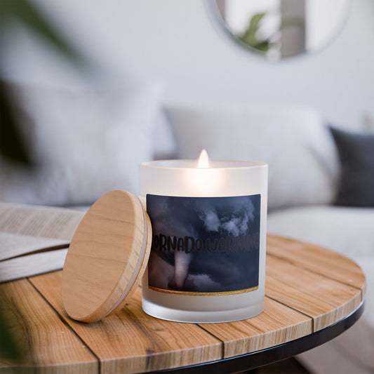 Frosted Glass Candle with Tornado Warning design on wooden table.