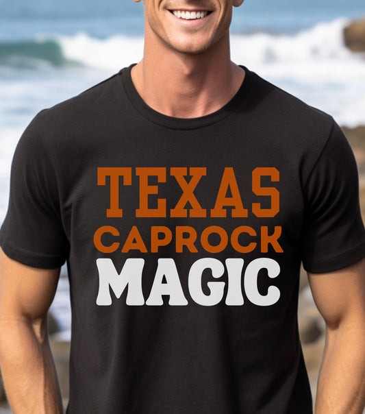Storm chaser t-shirt featuring "Texas Caprock Magic" text, worn by a person near the ocean.
