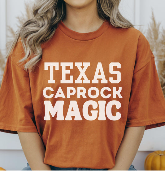 Texas Orange Storm Chaser T-Shirt with 'Texas Caprock Magic' text.