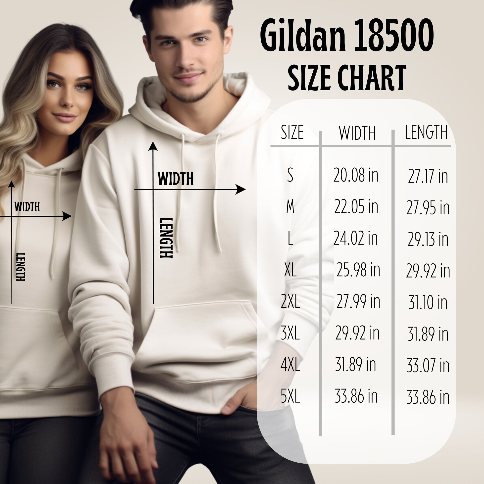 Storm Chaser hooded sweatshirt size chart featuring male and female models wearing the cozy hoodie.