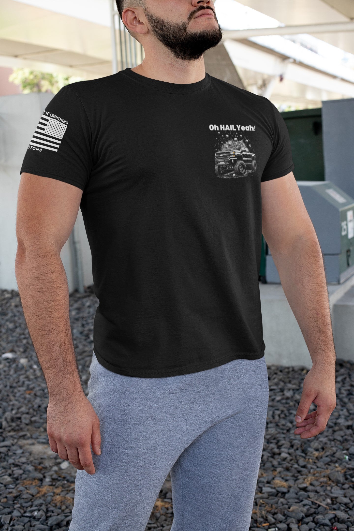 Funny "Oh Hail Yeah" Storm Chaser T-Shirt in black, perfect for weather enthusiasts.