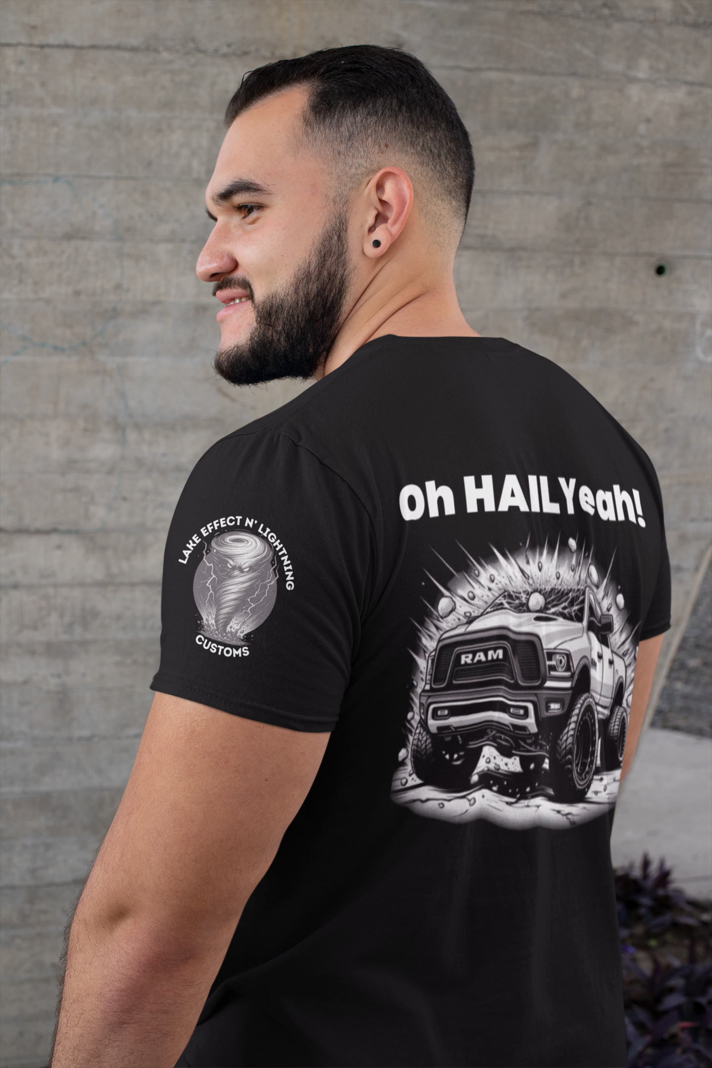 Funny Storm Chaser T-Shirt "Oh Hail Yeah" with RAM design, perfect for storm chasers.