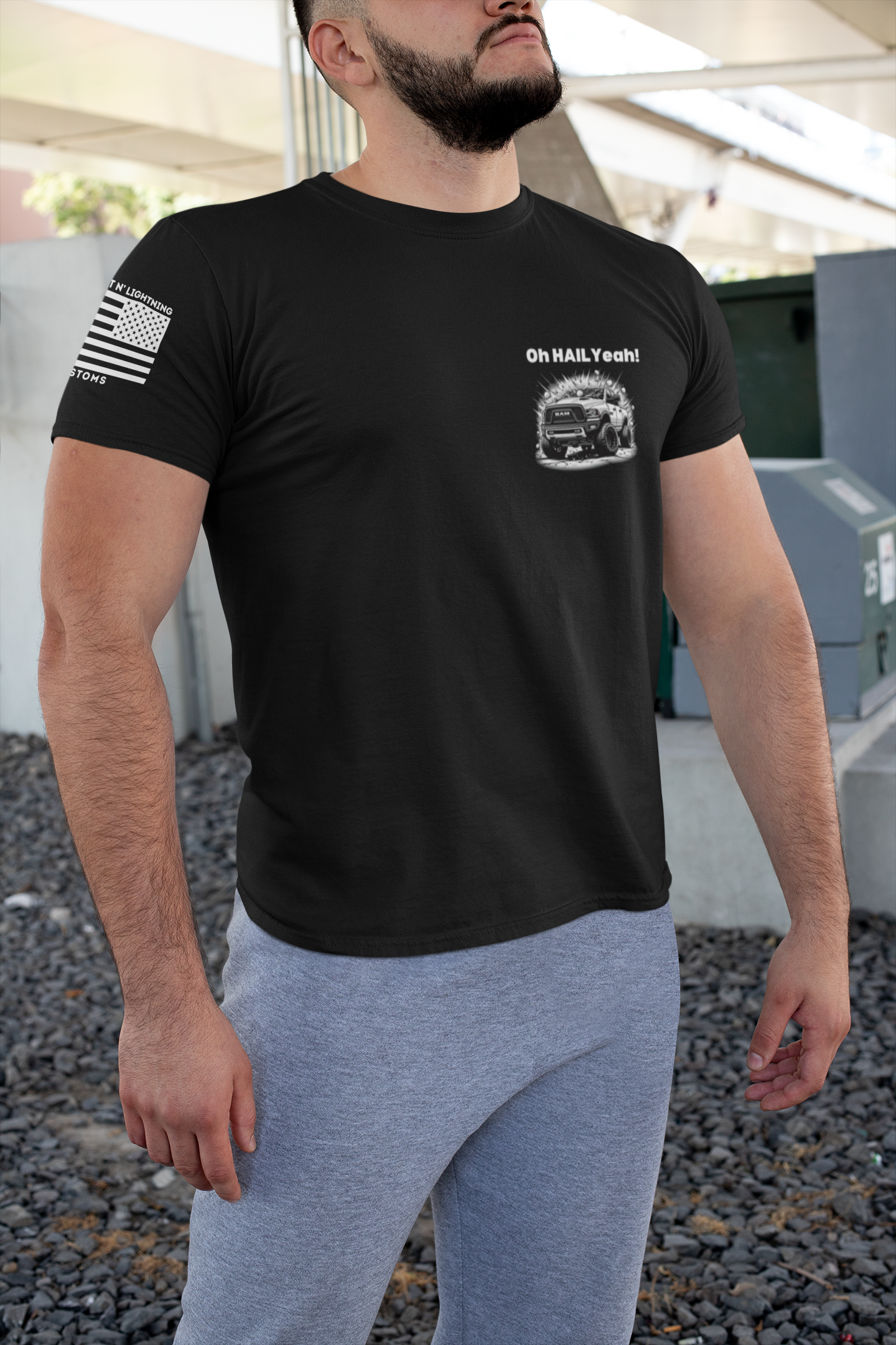 Funny Storm Chaser T-Shirt design, "Oh Hail Yeah" quote with RAM TRX graphic, ideal for weather enthusiasts and storm lovers.