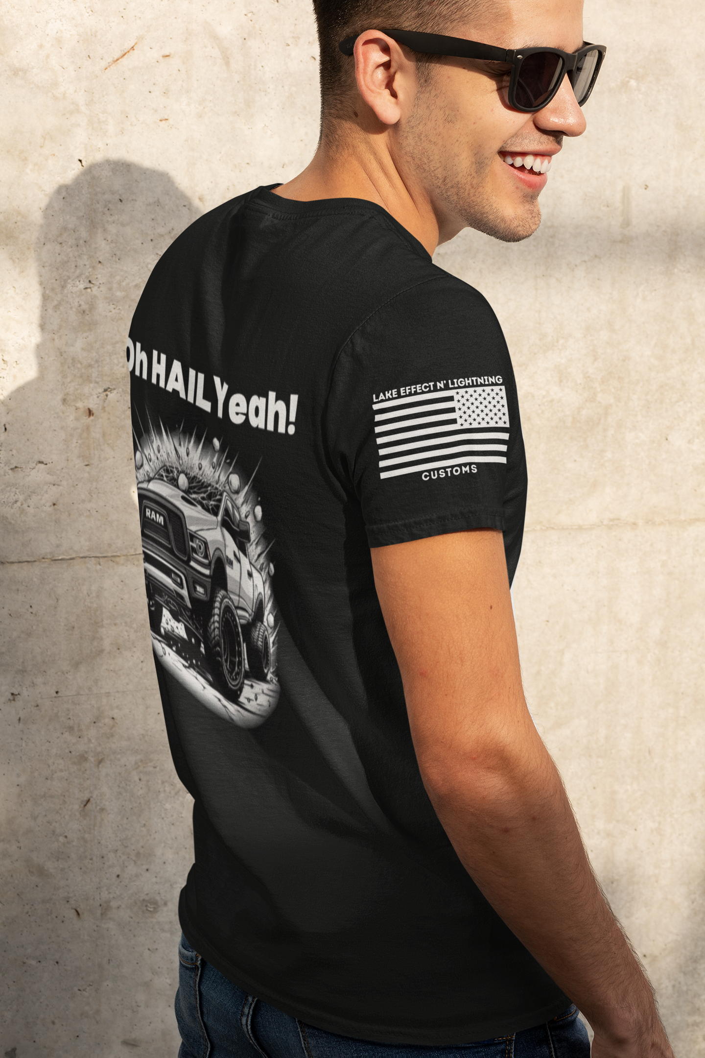 Funny Storm Chaser T-Shirt with "Oh Hail Yeah" design featuring a Dodge RAM illustration, ideal for storm enthusiasts.