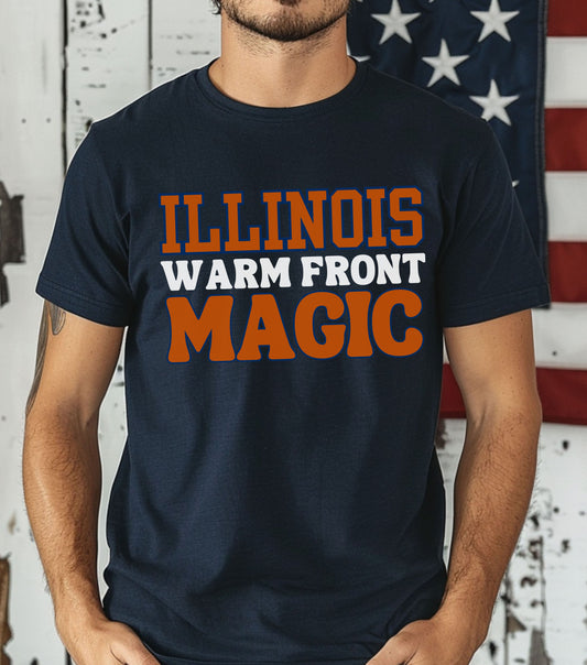 Storm Chaser T-Shirt featuring "Illinois Warm Front Magic" design for weather enthusiasts.