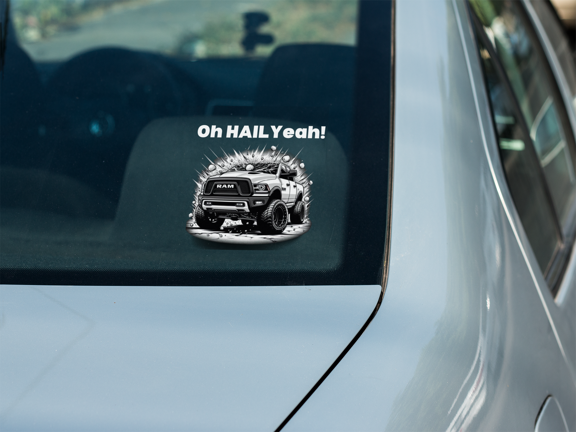 Storm Chaser Die-Cut Sticker with "Oh HAIL Yeah" quote on a car window.