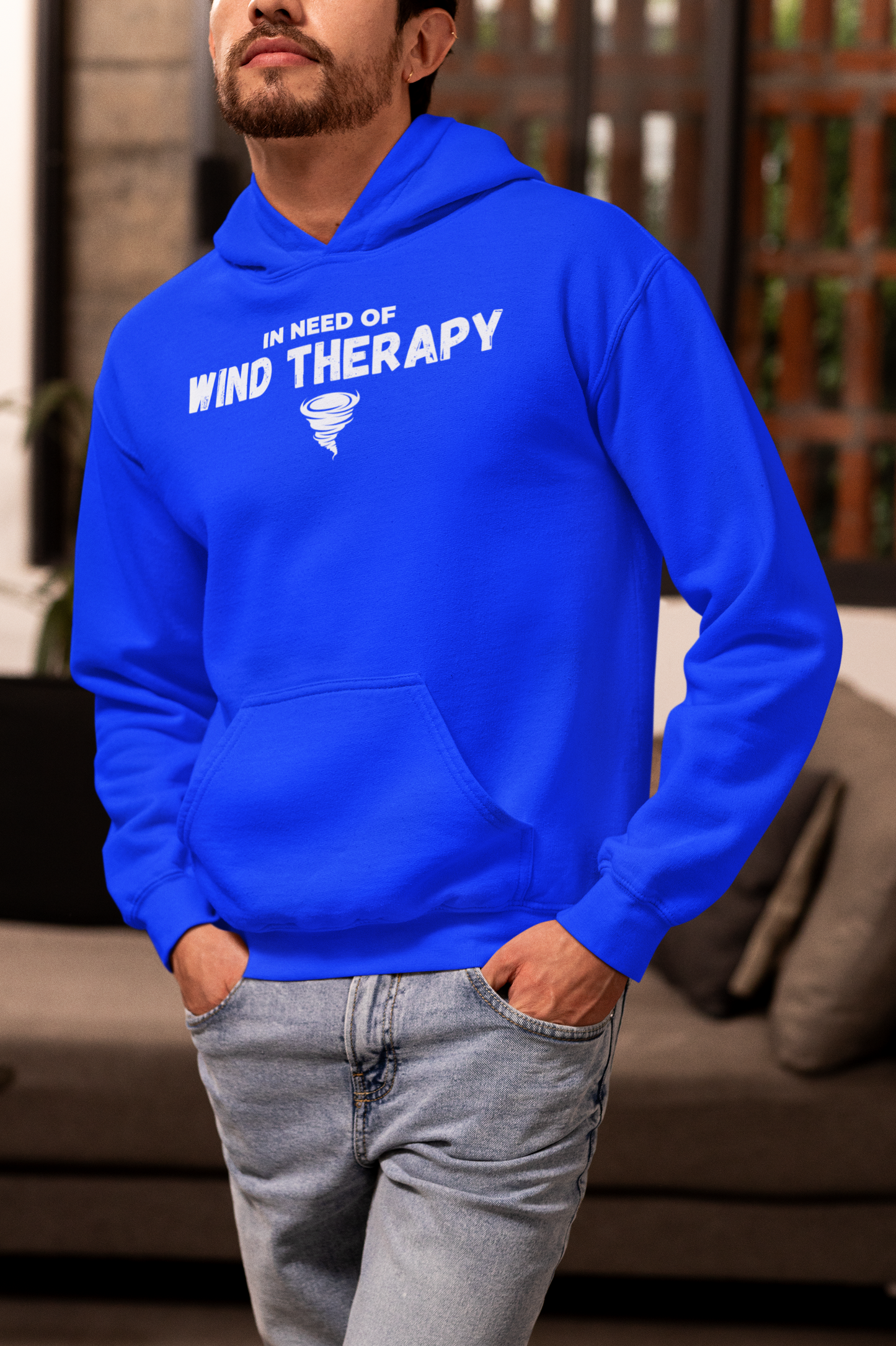 Storm Chaser Hooded Sweatshirt, "In Need of Wind Therapy" design, blue hoodie with adjustable hood and kangaroo pocket.